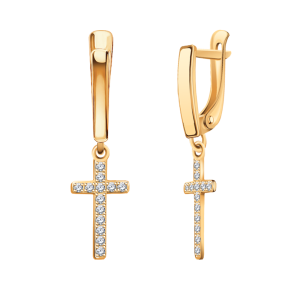 Серьги Кресты из красного золота с фианитами 